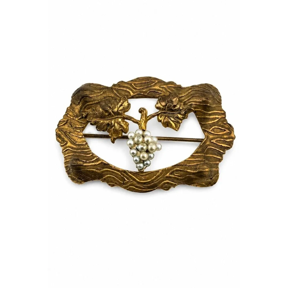 Antique Art Nouveau Gilt Brooch Faux Seed Pearl Grapevine Motif Gold Tone Pin